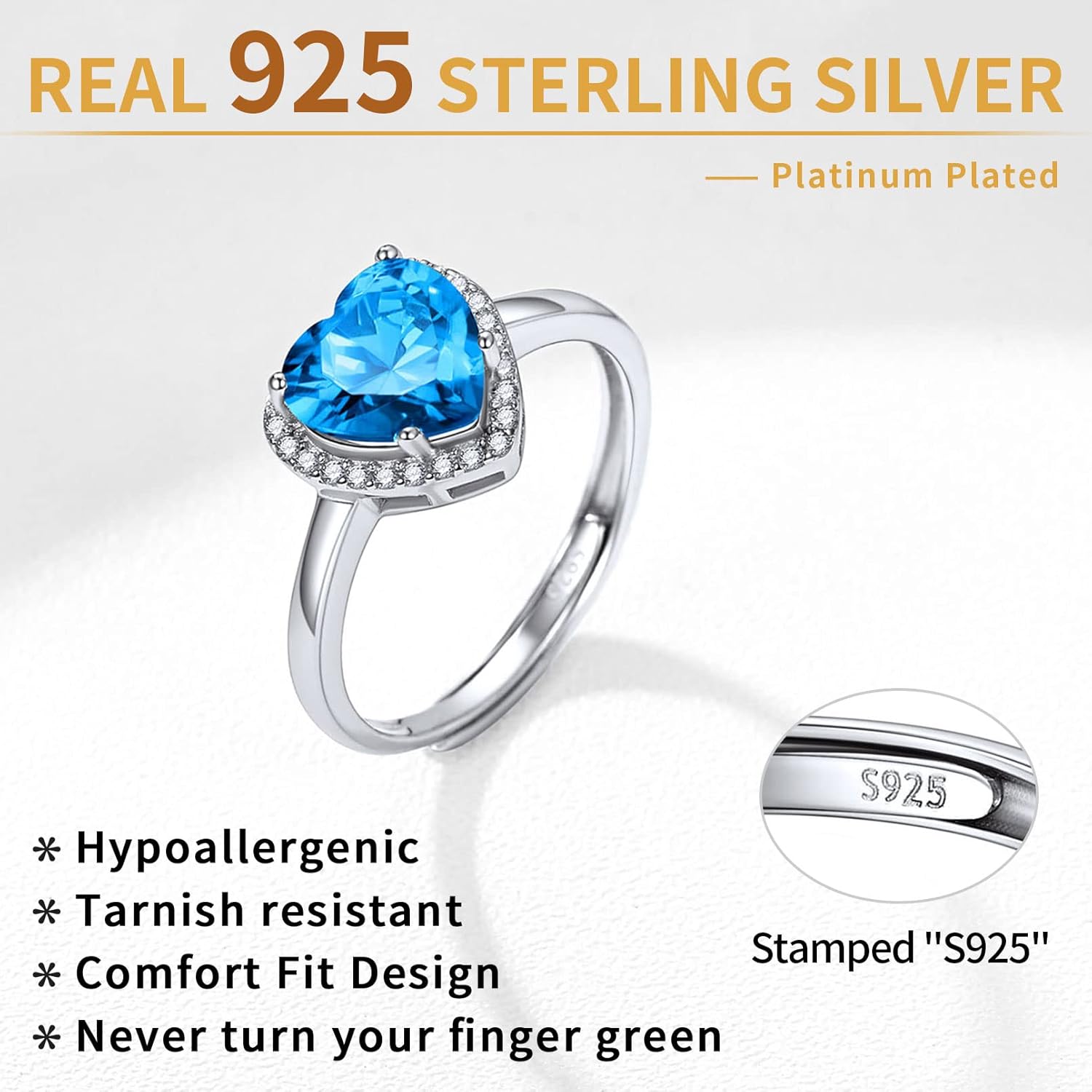 Sterling Silver Heart Emerald Cut Birthstone Promise Ring