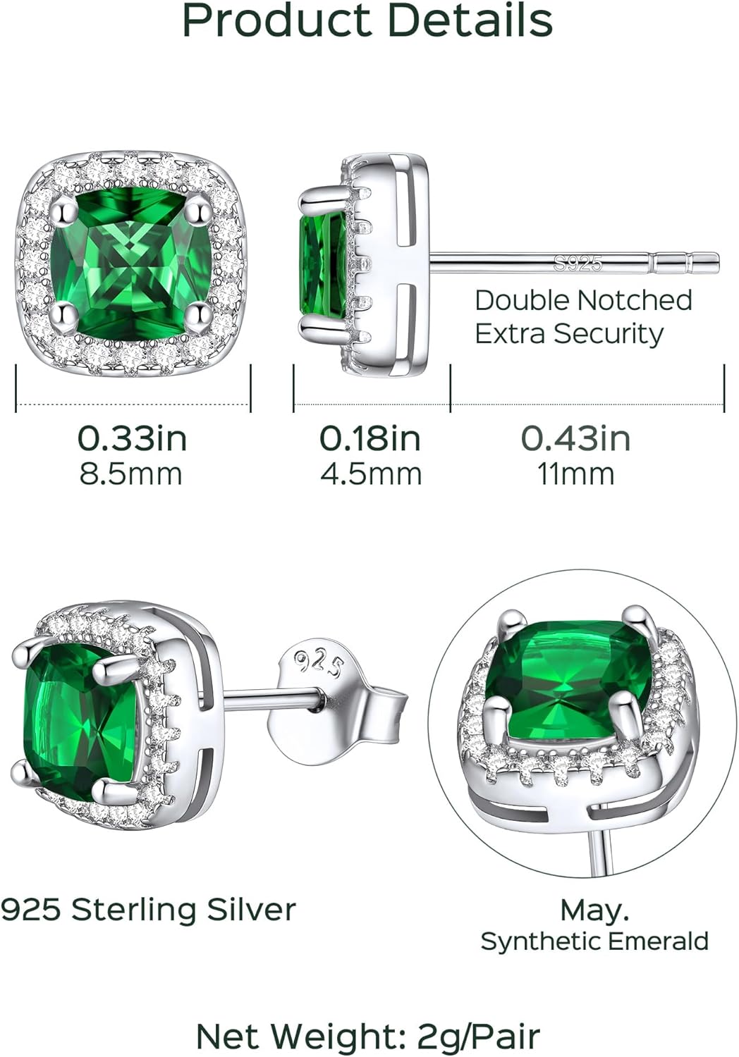 Square Sparkle Halo Birthstone Gemstone & Cubic Zirconia Stud Earrings Details: Dimensions, Hypoallergenic, Push Back Finding