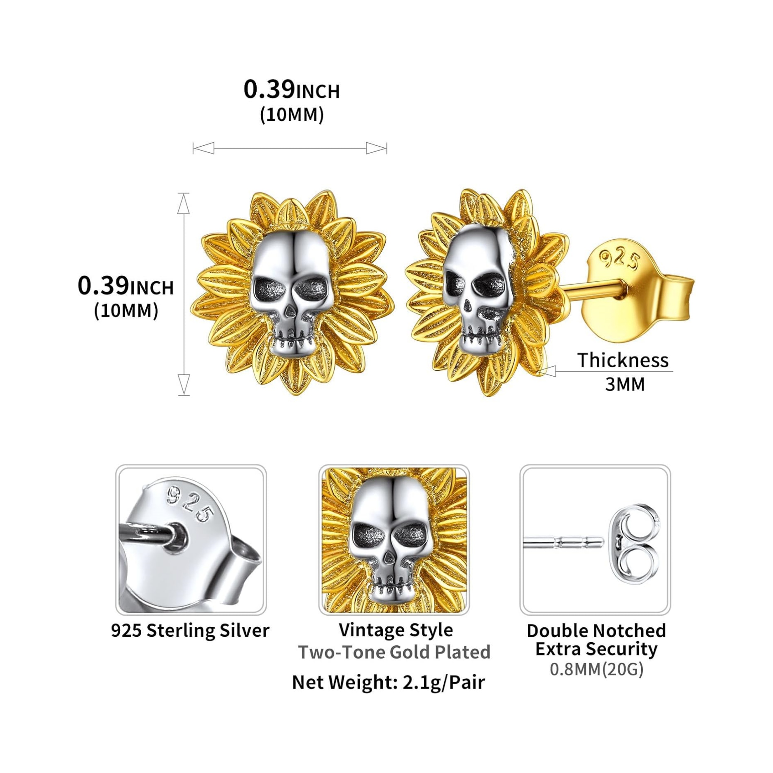 Sunflower Skull Studs Details: Dimensions, Hypoallergenic, Push Back Finding
