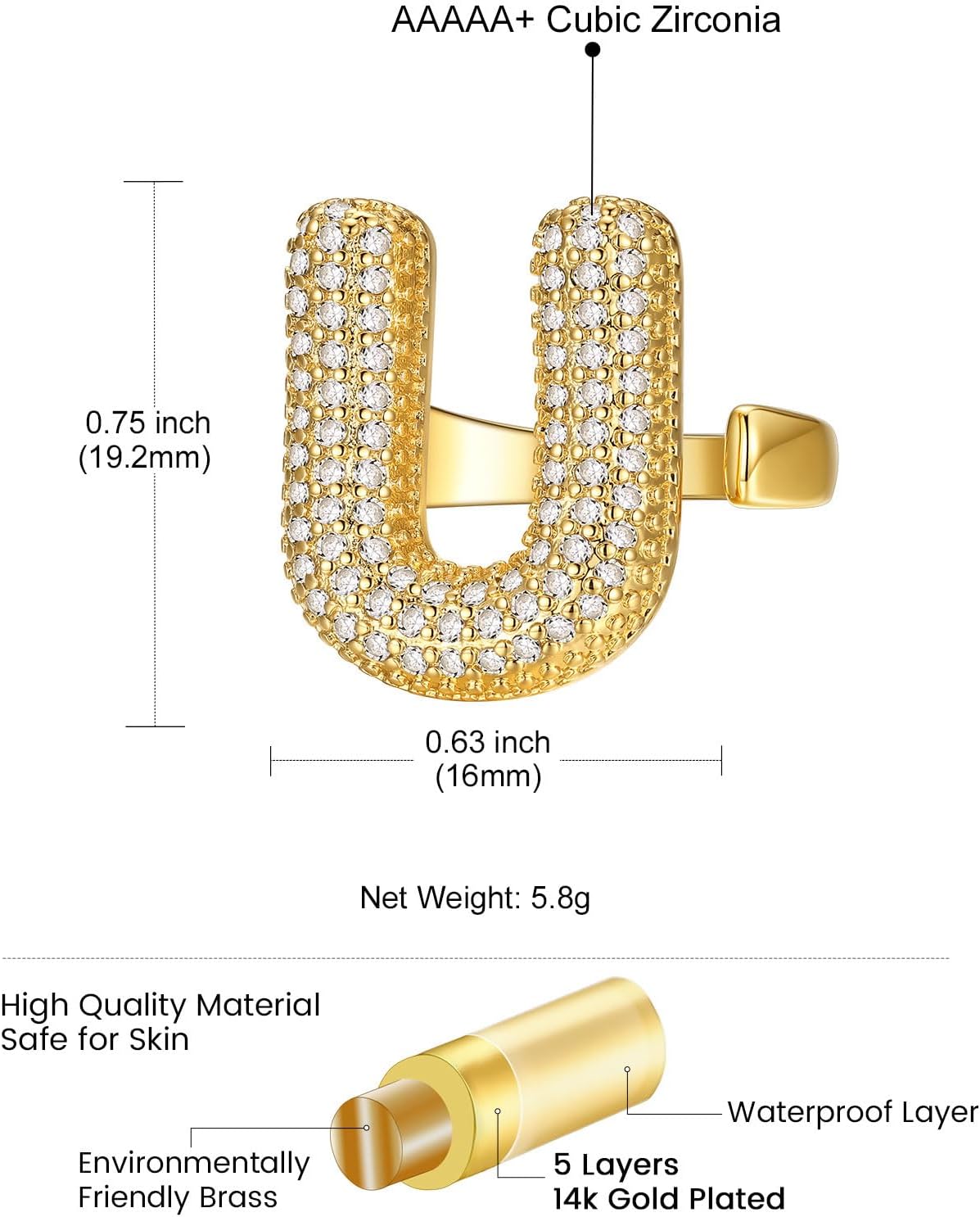 14k Chunky Gold Initial Statement Rings Details: Dimensions, Hypoallergenic, Adjustable size for 6~11