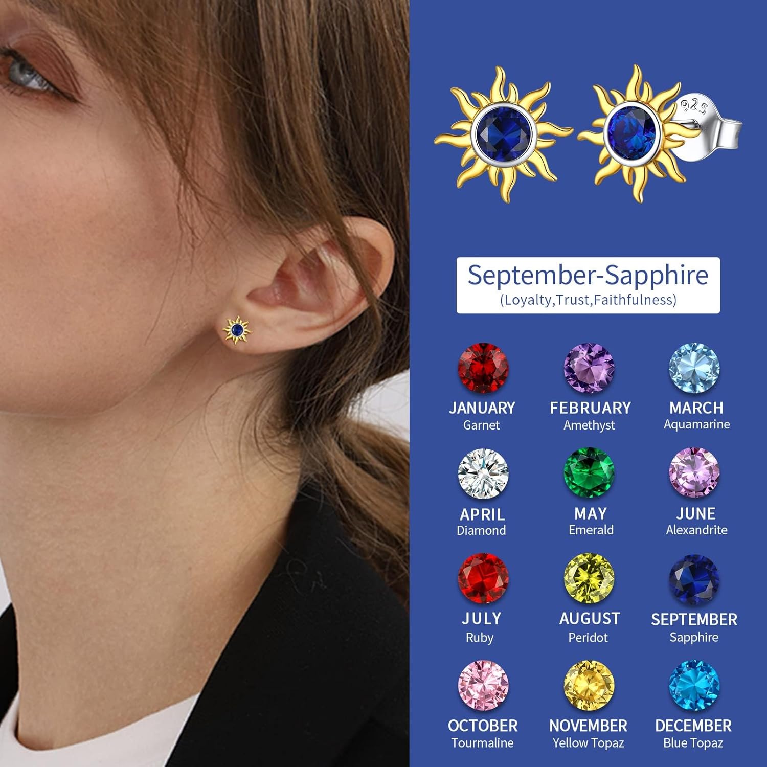 Hypoallergenic Sun Birthstone Earrings for Women, september birthstone, Sapphire Jewelry, Virgo Birthstone, Libra Birthstone, sterling silver jewelry, gift idea