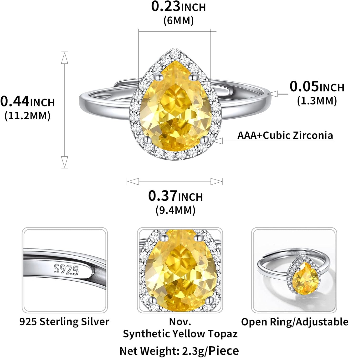 Pear Cut Teardrop Birthstone Promise Ring Details: Dimensions, Hypoallergenic, Adjustable size for 6~11