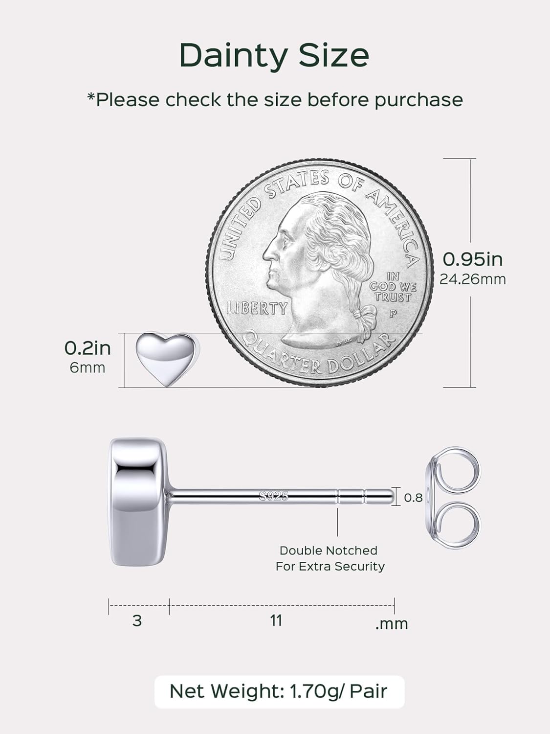 Classic 7mm Heart Stud Earrings for Women and Men,  silver jewelry, gift idea, Sterling silver earrings