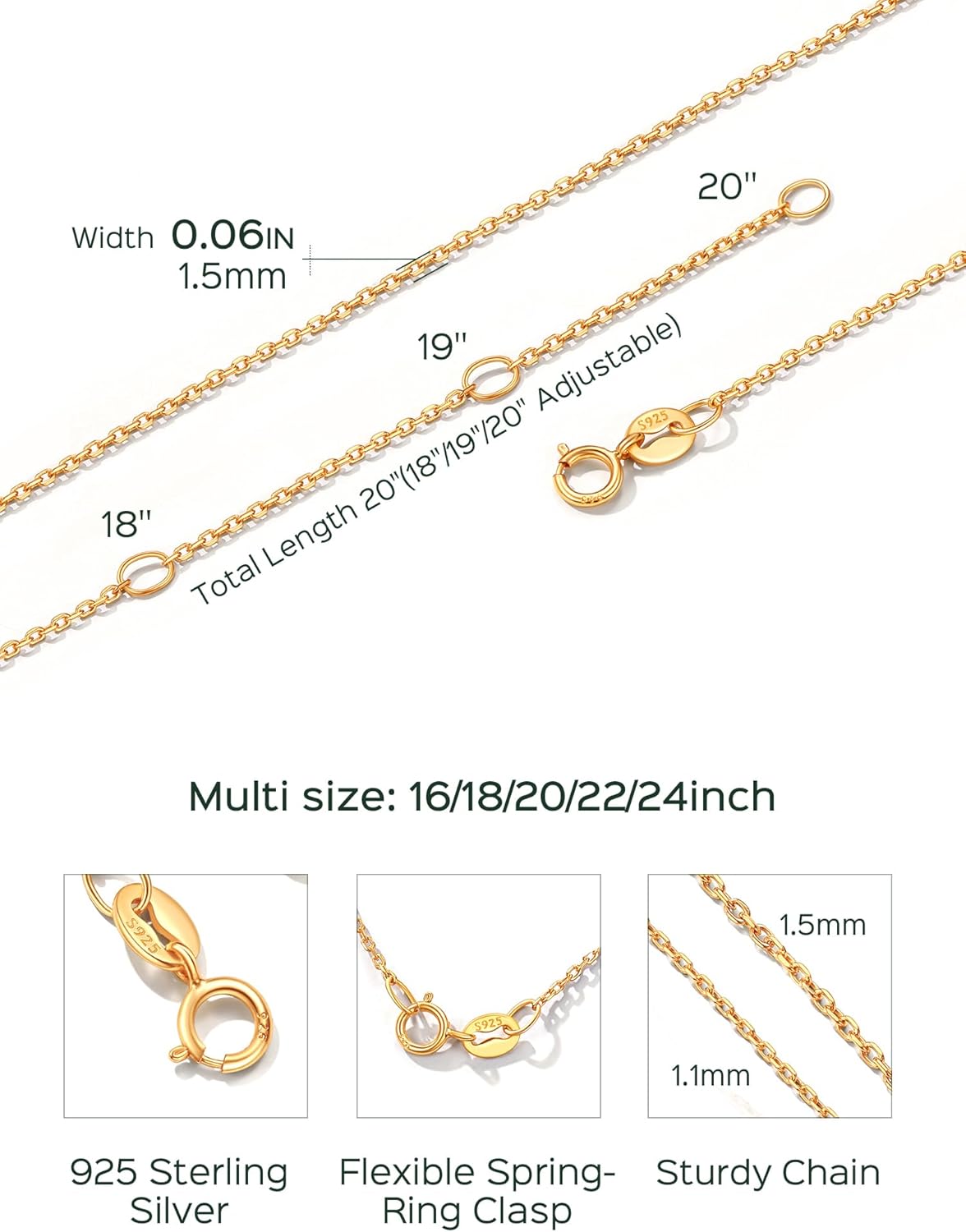 Sturdy Cable Link Dainty Chain Necklace Details: Dimensions, Hypoallergenic, Lobster-Claw-Clasps