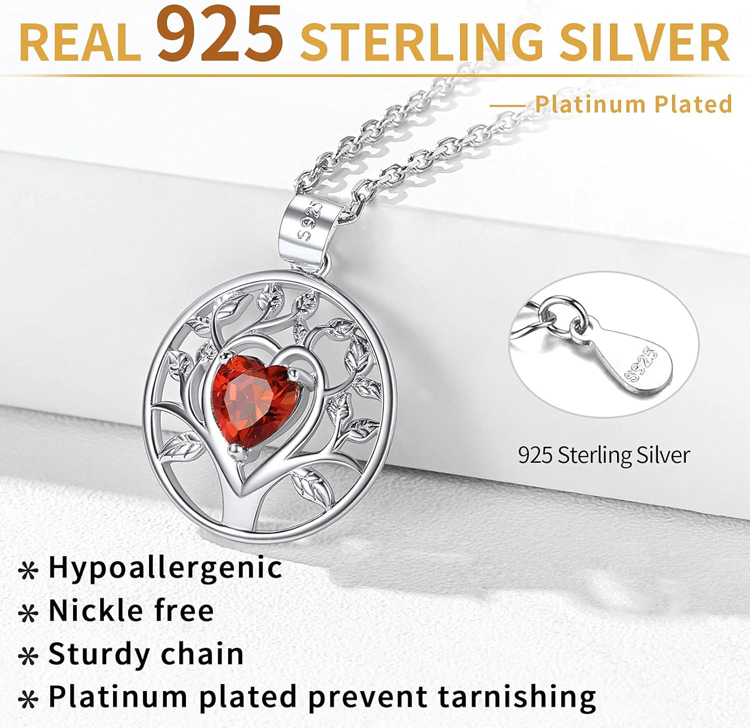 Sterling Silver Tree of Life Pendant Necklace Embellished with Heart Shape Birthstone