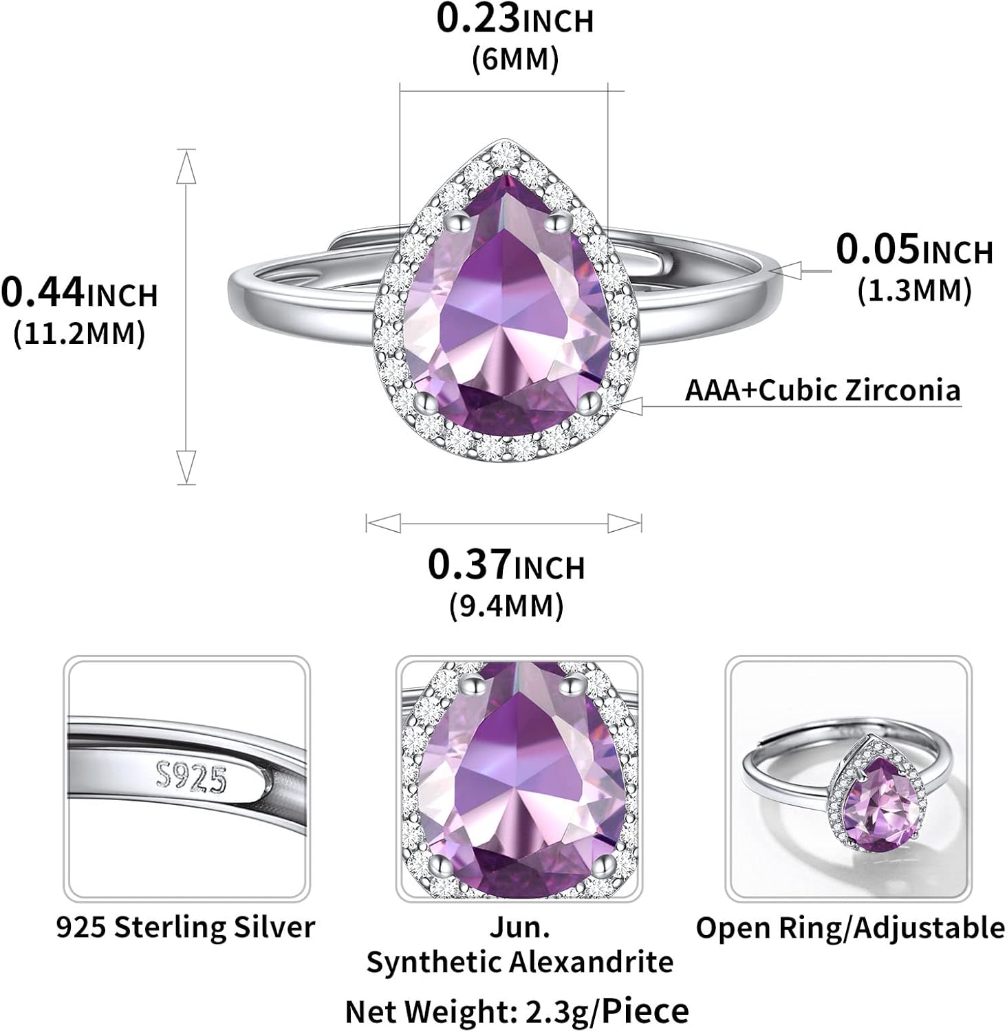Pear Cut Teardrop Birthstone Promise Ring Details: Dimensions, Hypoallergenic, Adjustable size for 6~11