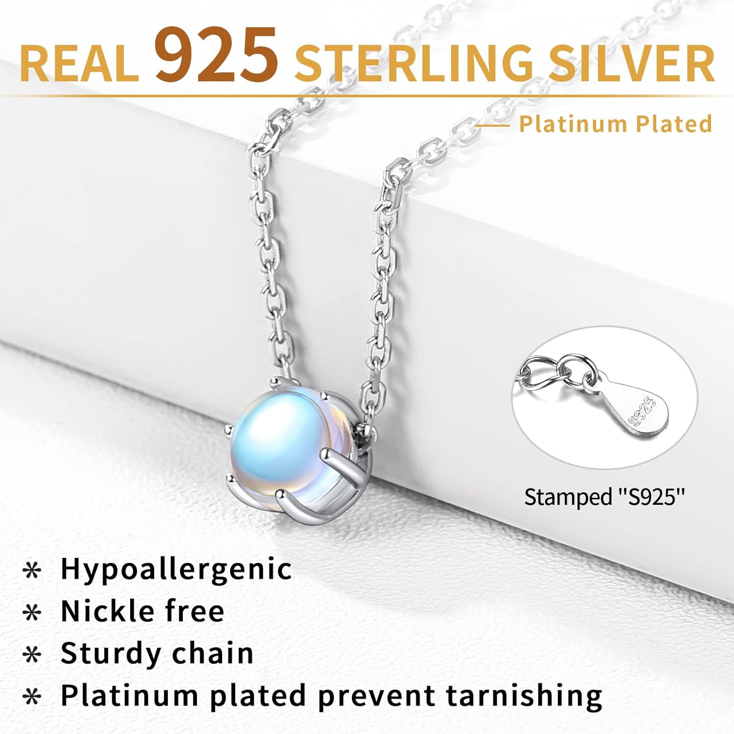 Round Cut Gemstone Solitaire June Moonstone Pendant Necklace