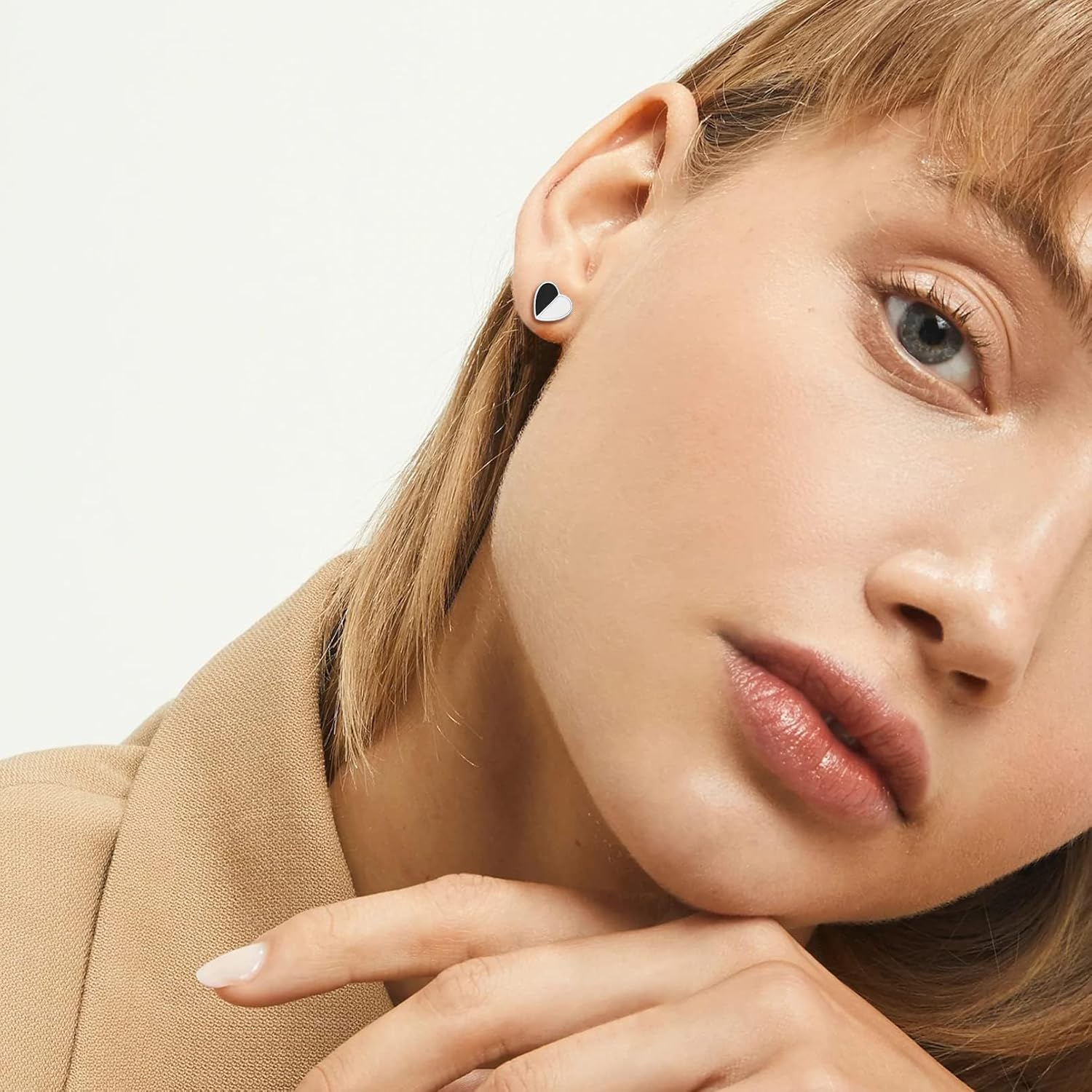 White & Black Heart Stud Earrings for Women