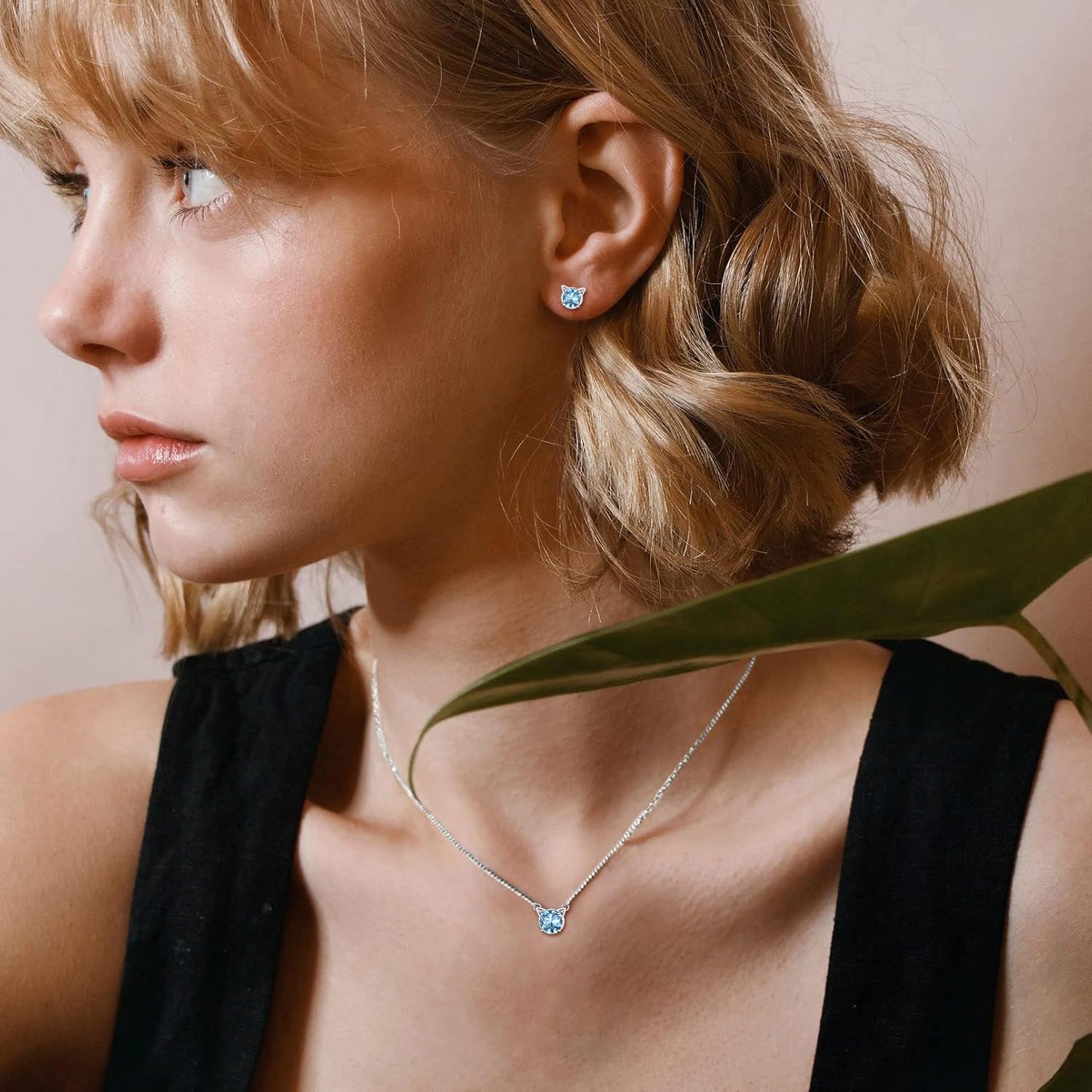 Cute Cat Diamond Birthstone Stud Earrings for women, march birthstone, Aquamarine Pendant, Pisces Birthstone, Aries Birthstone, sterling silver jewelry, gift idea