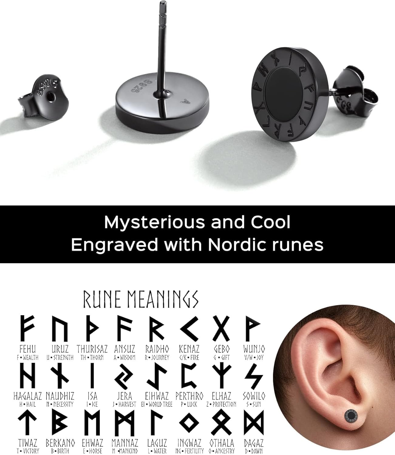 Viking Front Rune Outer Ring Black Onyx Stud Earrings in Different Rune Style