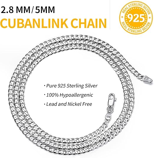 5mm Solid 925 Sterling Silver Cuban Link Chain Necklace