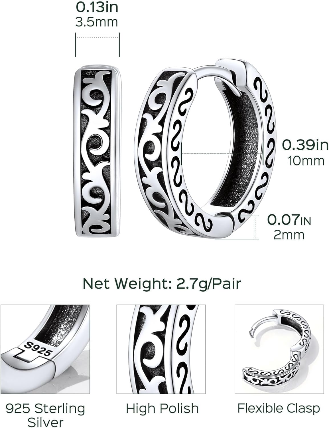 Celtic Knot Vine Huggie Hoops Earrings Details: Dimensions, Hypoallergenic, Push Back Finding/Lever Back.