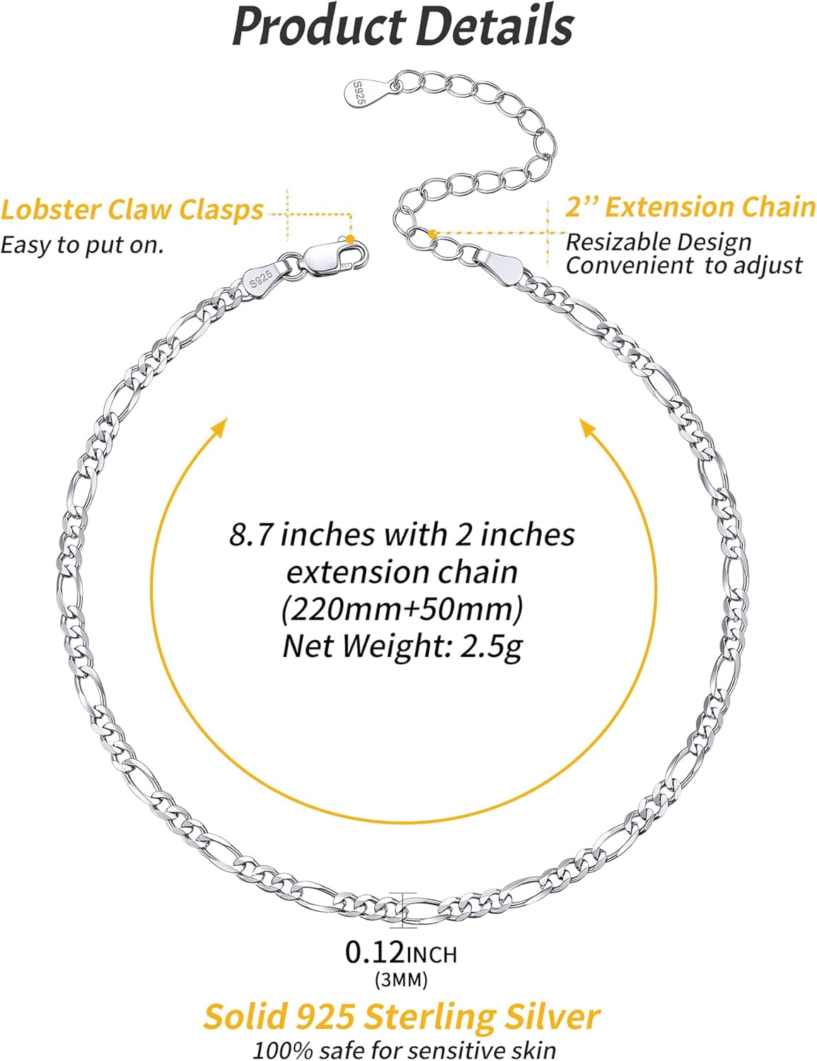 Simple Dainty Figaro Chain Anklet Details: Dimensions, Hypoallergenic, Lobster-Claw-Clasps