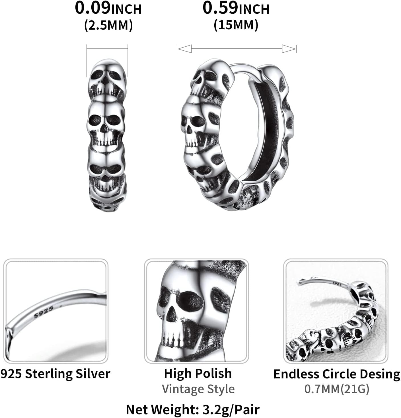 Punk Rock Gothic Skull Huggie Hoop Earrings Details: Hinged Hoop