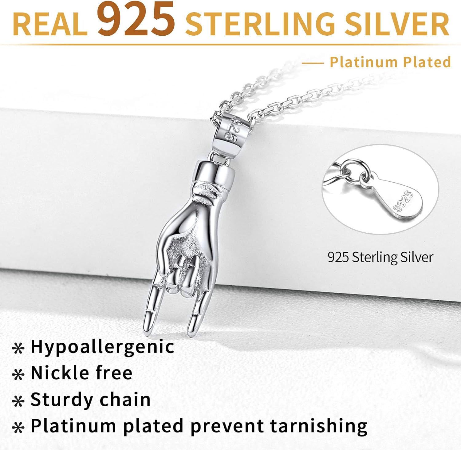 Sterling Silver Italian Hand Mano Cornuto Good Luck Sign Pendant Necklace