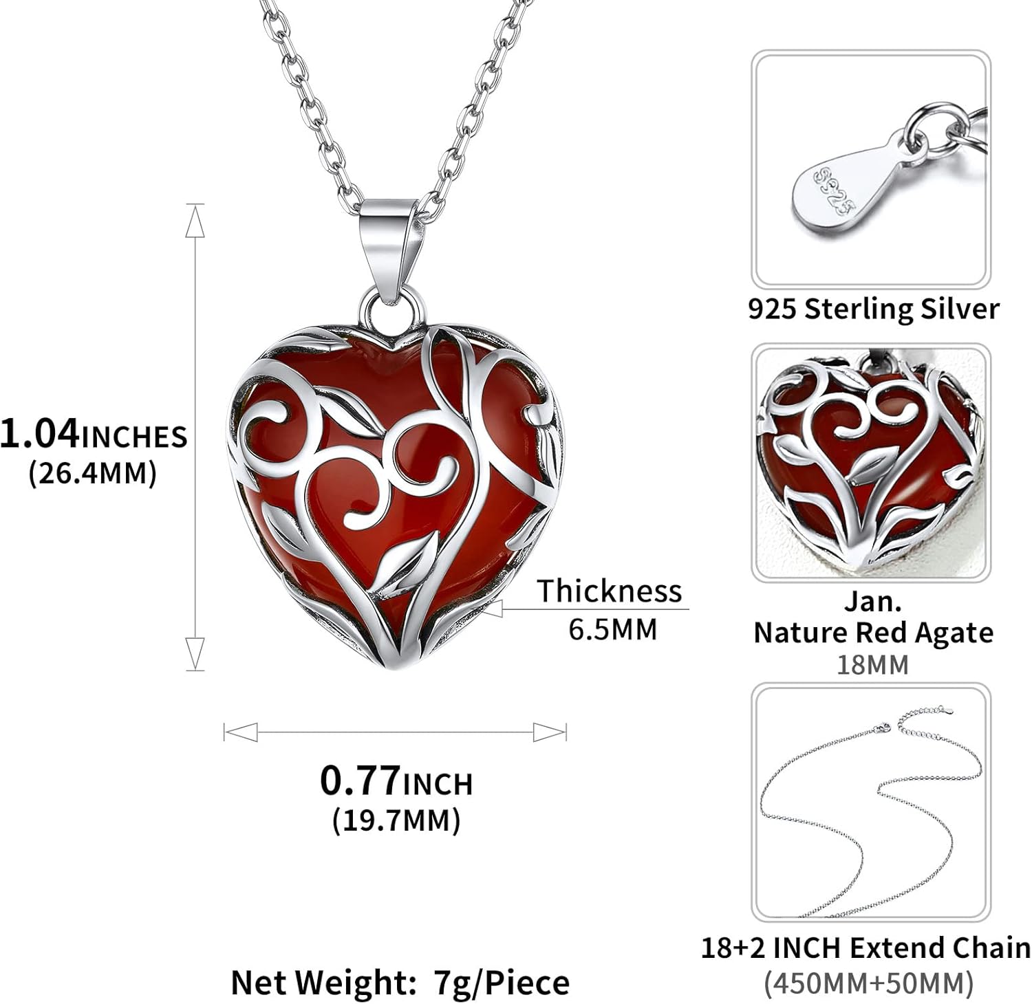 Celtic Knot Heart Birthstones Necklace Details: Dimensions, Hypoallergenic, Lobster-Claw-Clasps