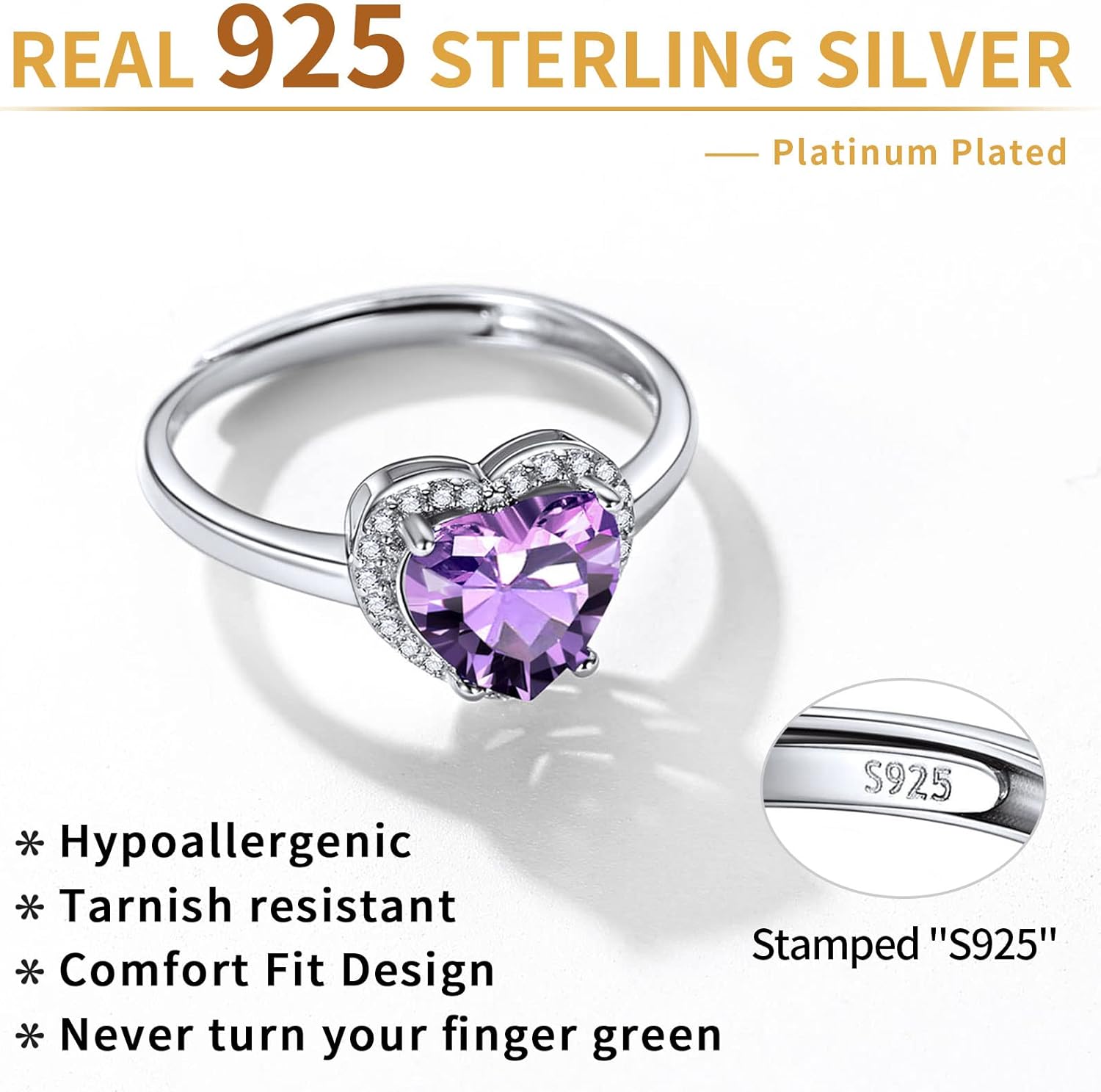 Sterling Silver Heart Emerald Cut Birthstone Promise Ring