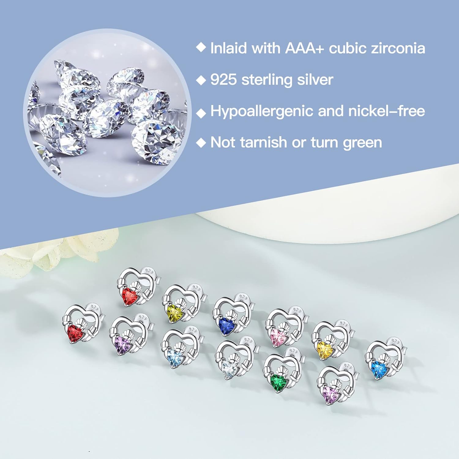 Dainty Claddagh Celtic Heart Stud Earrings in Different Month Colors