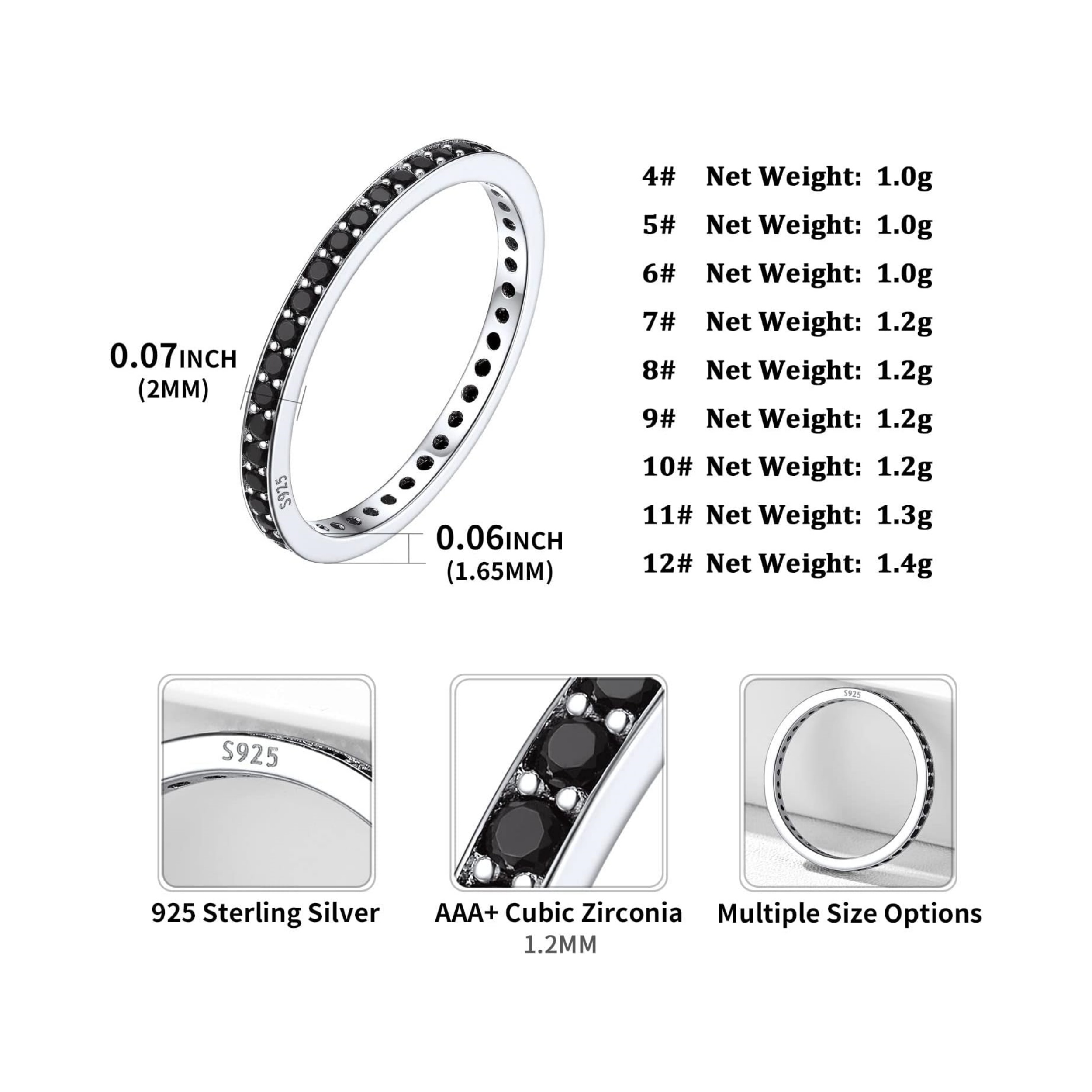 Black Cubic Zirconia Stackable Engagement Band Ring for Women Details: Dimensions, Hypoallergenic, 4-12