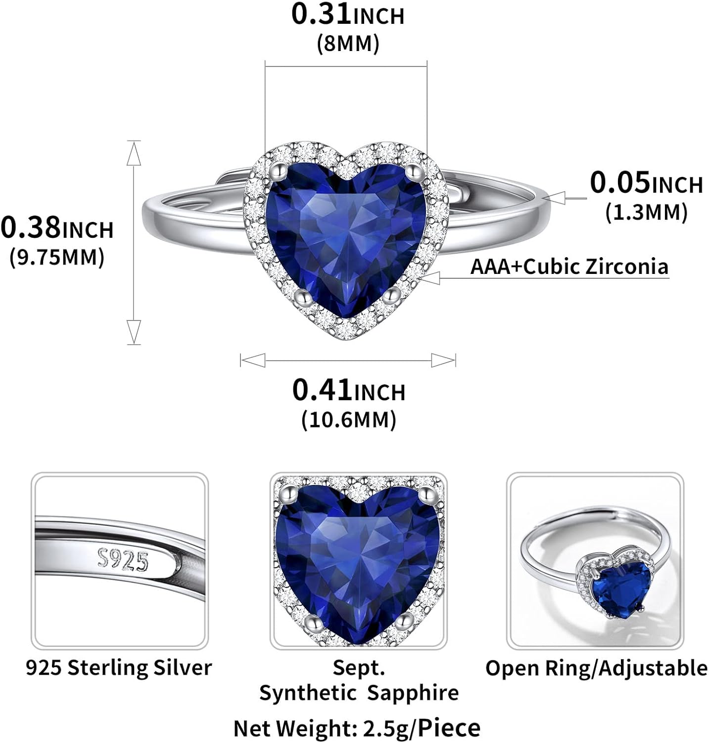 Heart Emerald Cut Birthstone Promise Ring Details: Dimensions, Hypoallergenic, Adjustable size for 6~11