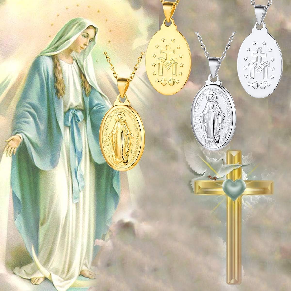 Catholic Religious Christian Virgin Mary Oval Pendant Necklace in Different Colors