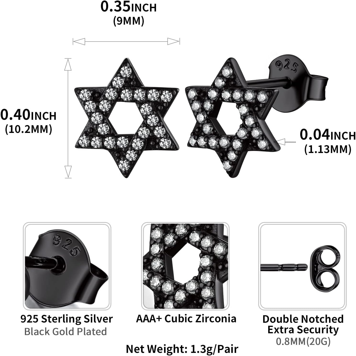 Tiny Cubic Zirconia Star of David Stud Earrings  Details: Dimensions, Hypoallergenic, Push Back Finding