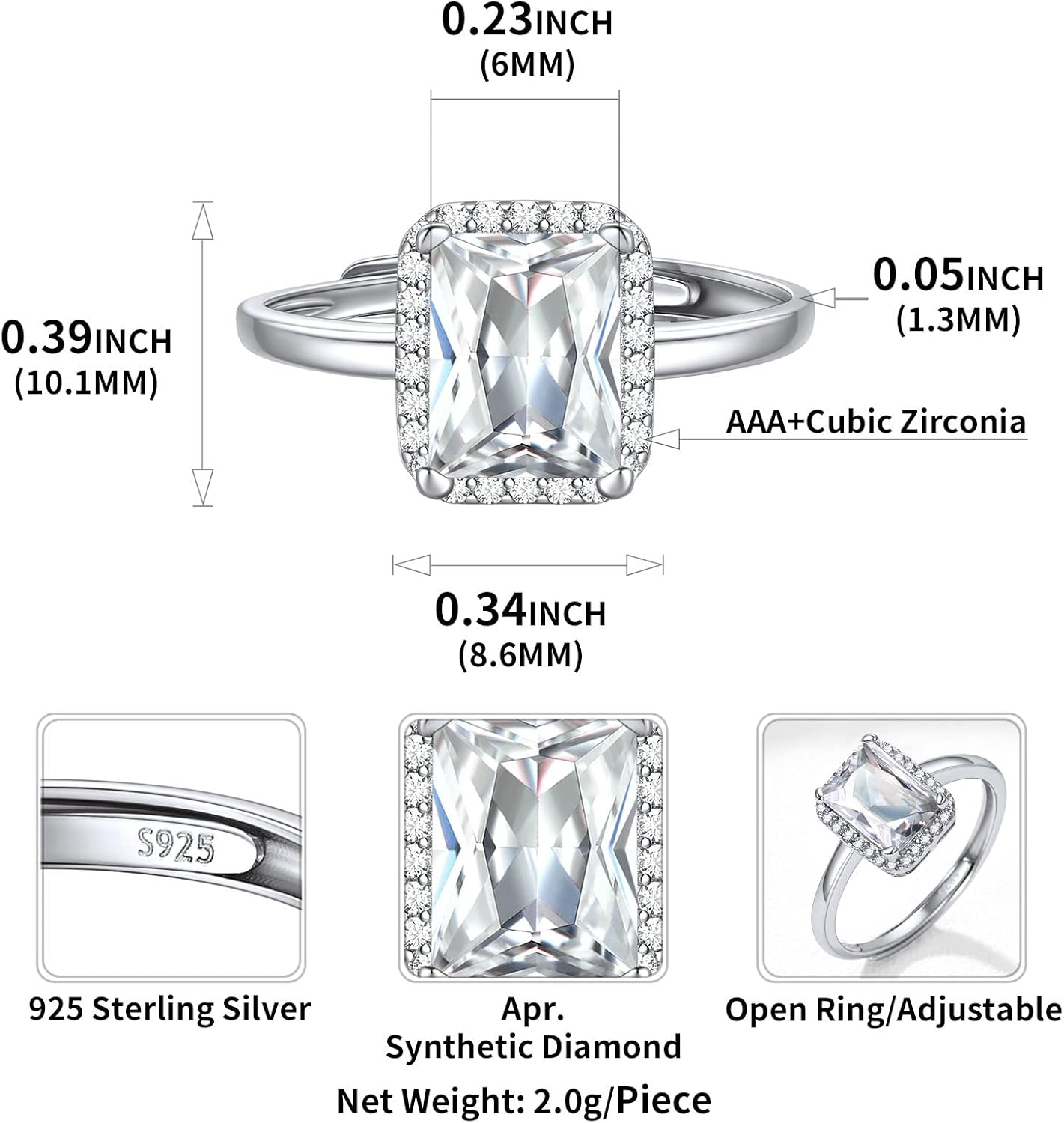 Square Emerald Cut Birthstone Promise Ring Details: Dimensions, Hypoallergenic, Adjustable size for 6~11