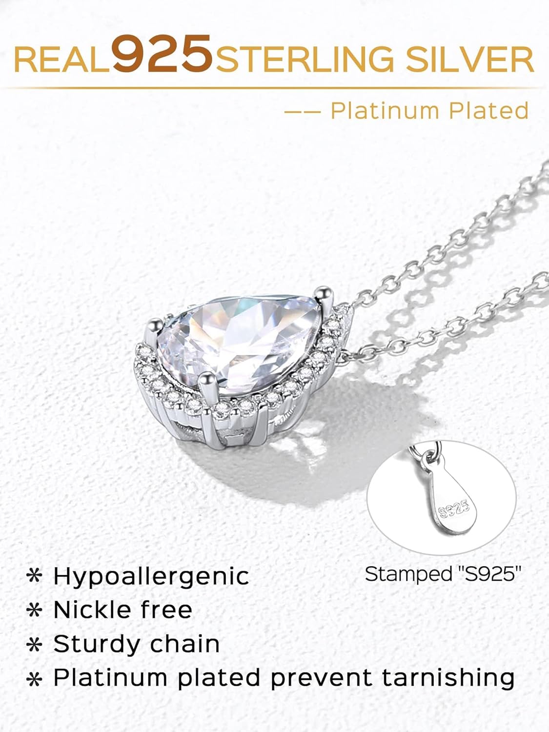 Sterling Silver Pear Cut Teardrop Birthstone Diamond Necklace