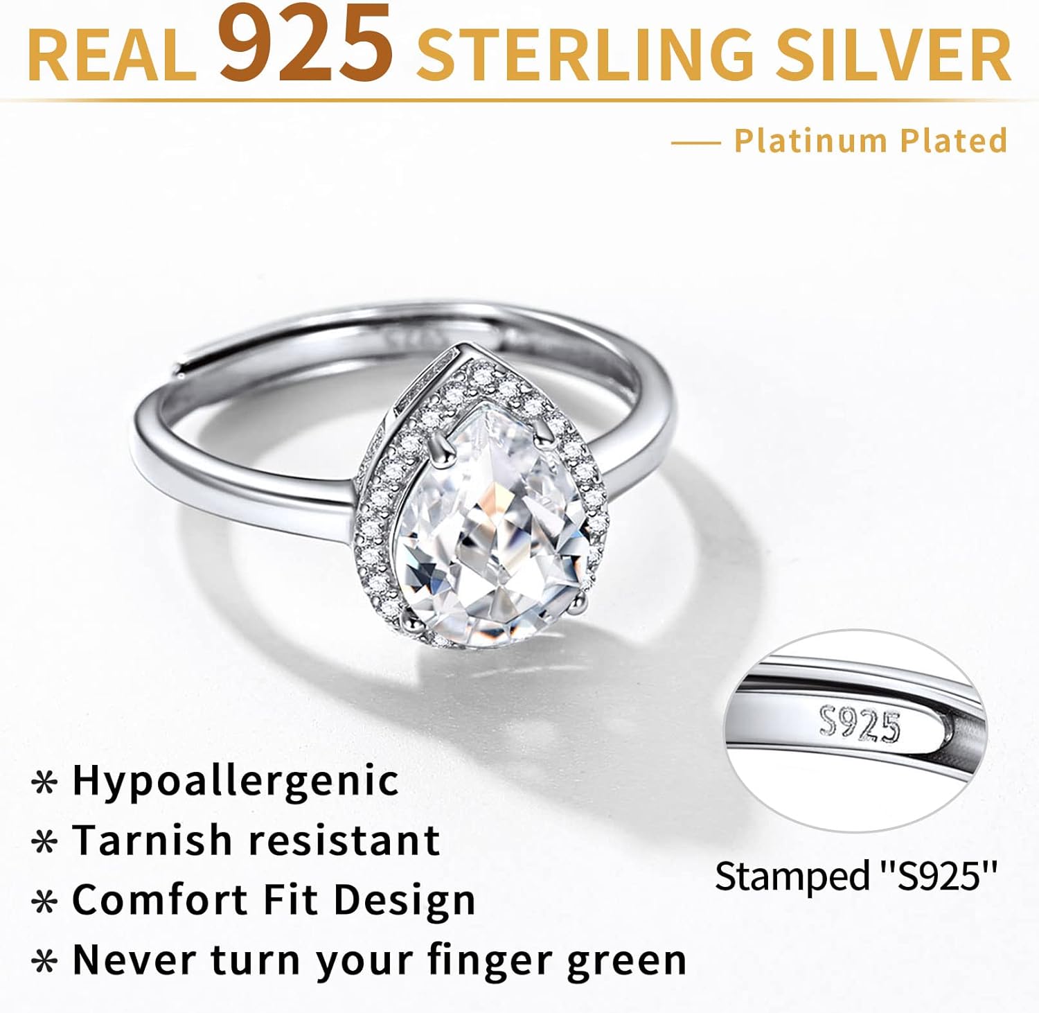 Sterling Silver Pear Cut Teardrop Birthstone Promise Ring 