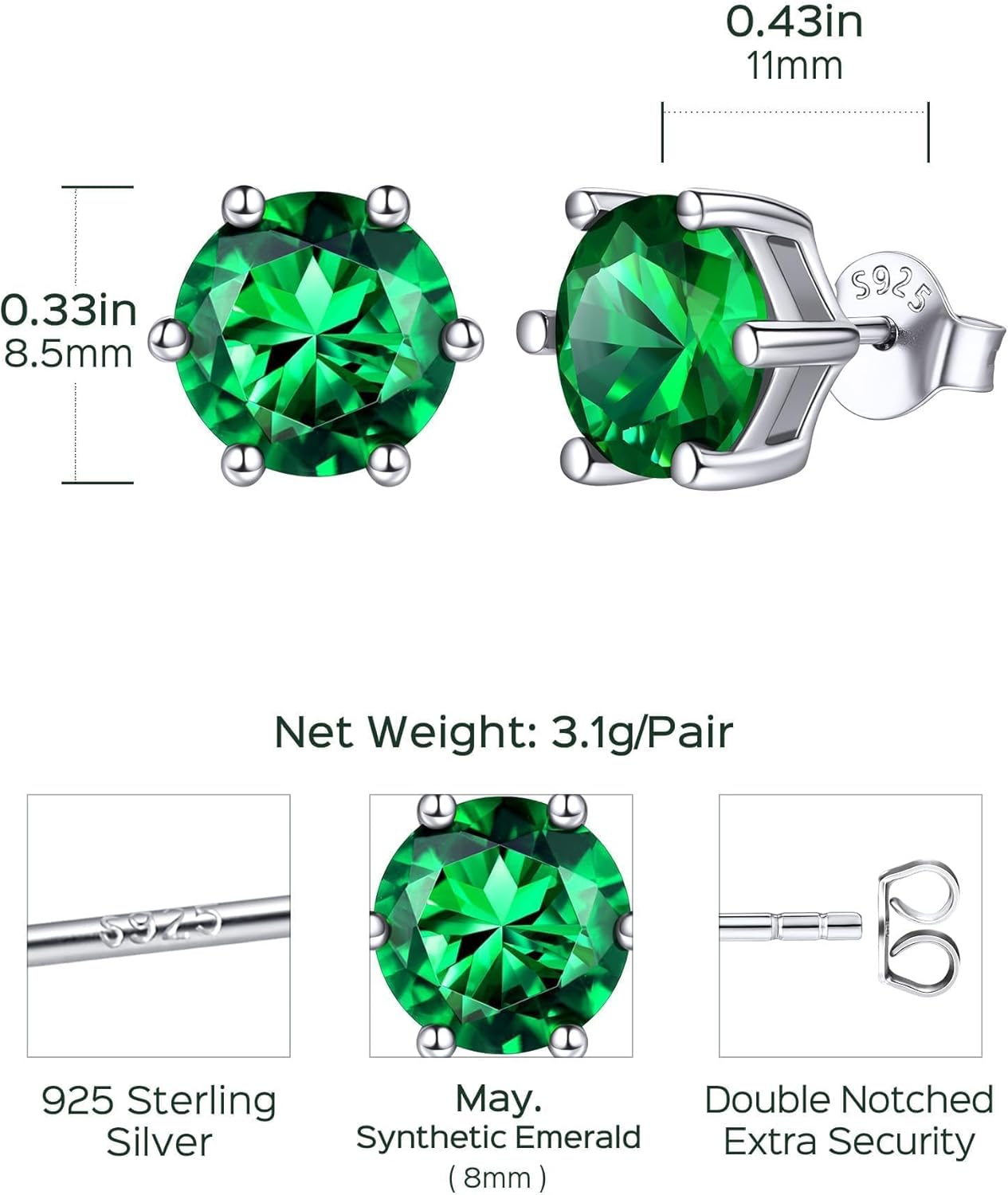 8.5mm Sparkling Round Cut Birthstone Halo Stud Earrings Details: Dimensions, Hypoallergenic, Push Back Finding