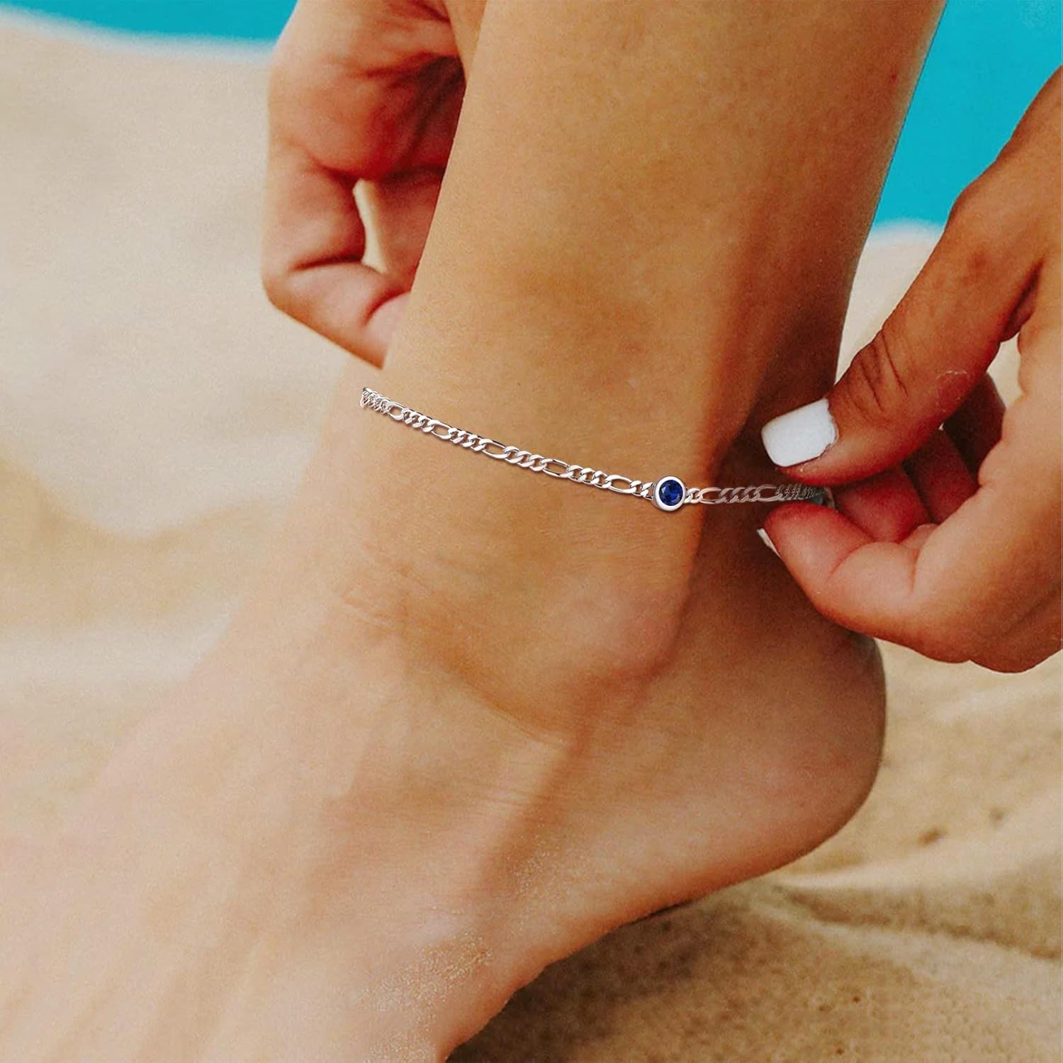Round Dainty Birthstone Figaro Link Summer Anklets for Women