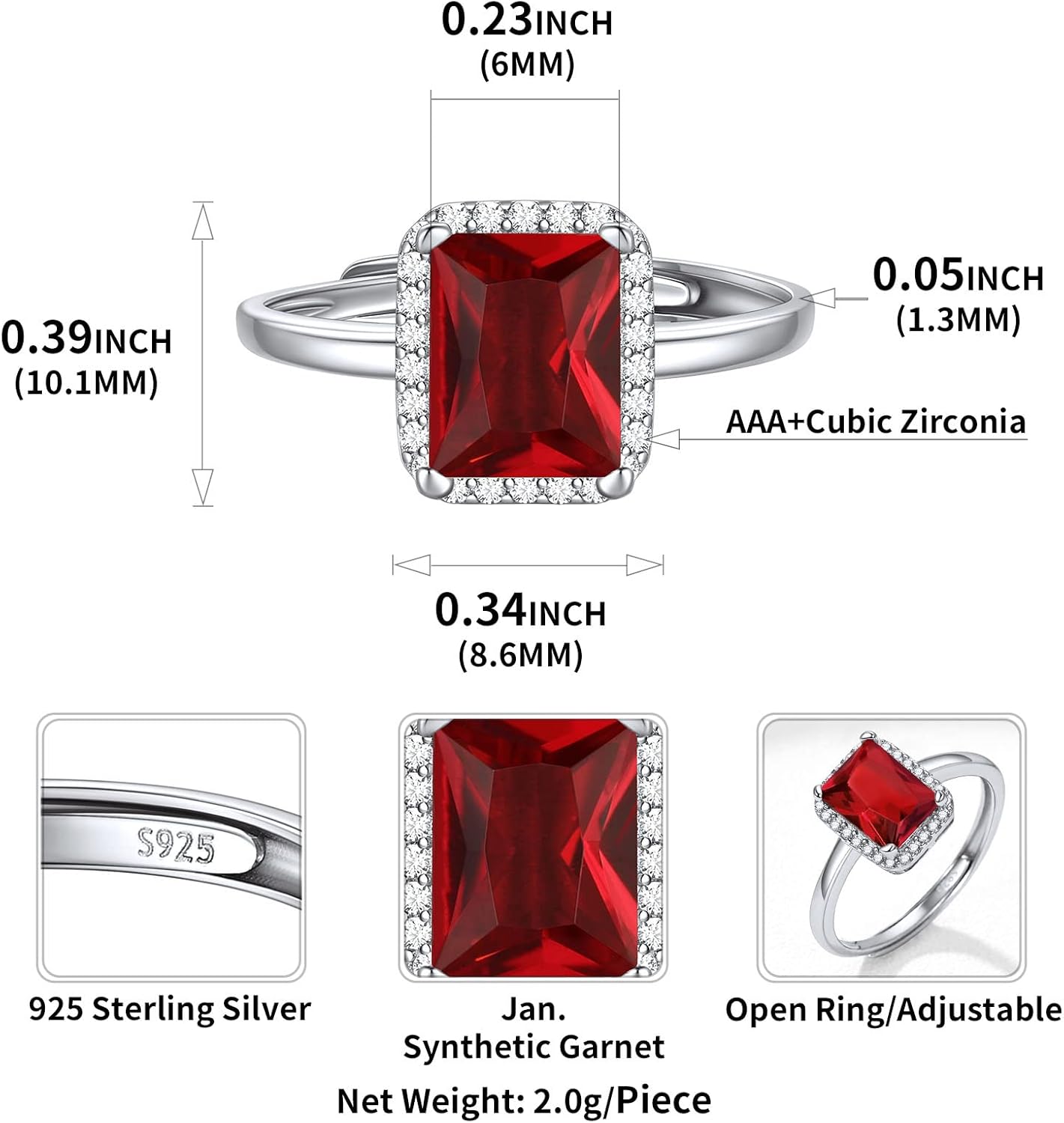 Square Emerald Cut Birthstone Promise Ring Details: Dimensions, Hypoallergenic, Adjustable size for 6~11