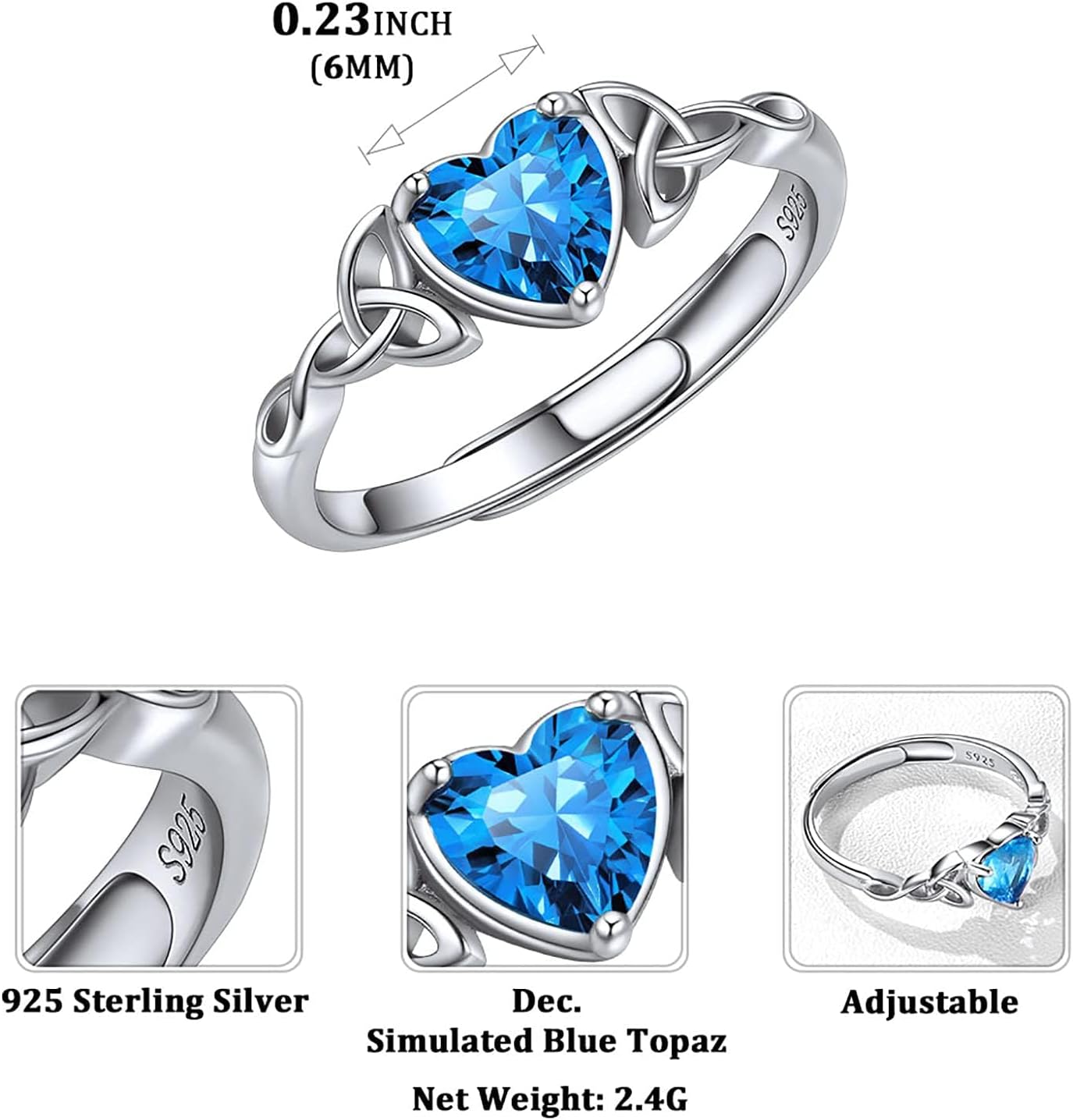 12 Months Celtic Knot & Heart Shape Birthstone Promise Rings for Women, december birthstone, Blue Topaz Jewelry, Sagittarius Birthstone,  topaz birthstone, Capricorn Birthstone, christmas gift, sterling silver promise rings, gift idea
