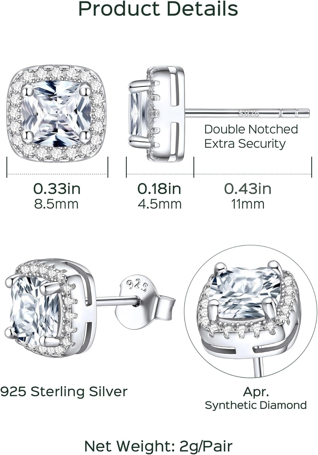 Square Sparkle Halo Birthstone Gemstone & Cubic Zirconia Stud Earrings Details: Dimensions, Hypoallergenic, Push Back Finding