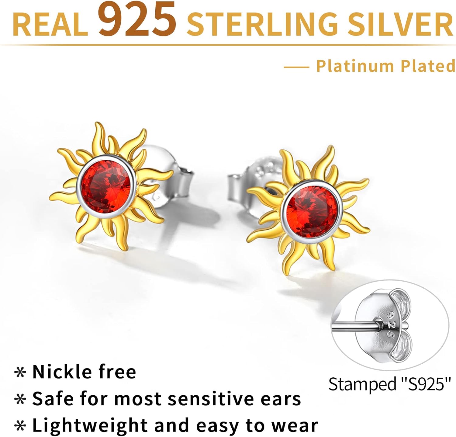 Hypoallergenic Sun Birthstone Earrings for Women, july birthstone, Ruby birthstone, Cancer Birthstone, Leo Birthstone, sterling silver jewelry, gift idea