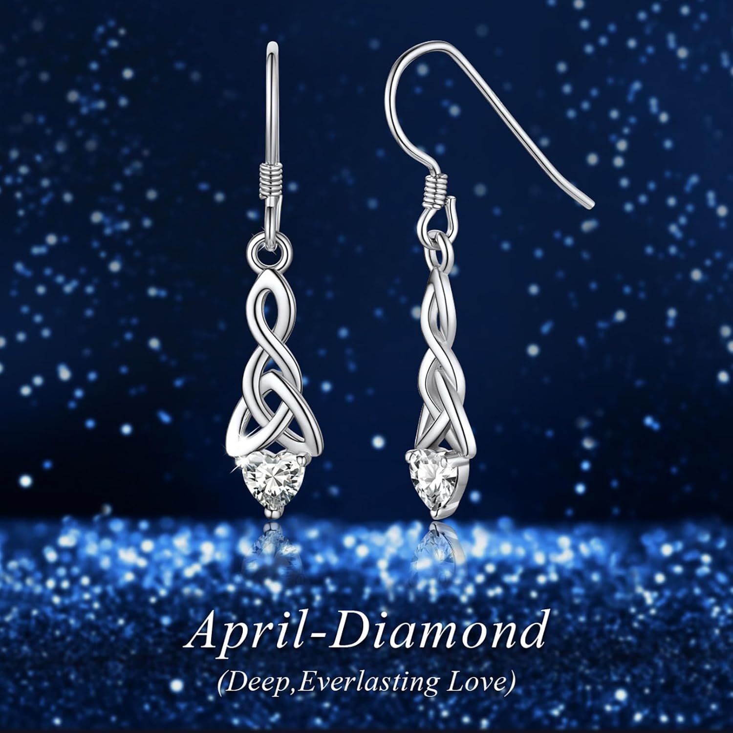 12 Months Sparkling Heart Birthstone & Celtic Knot Drop Dangle Hook Earrings, april birthstone, Diamond Jewelry, Aries Birthstone, Taurus Birthstone, sterling silver jewelry, gift idea