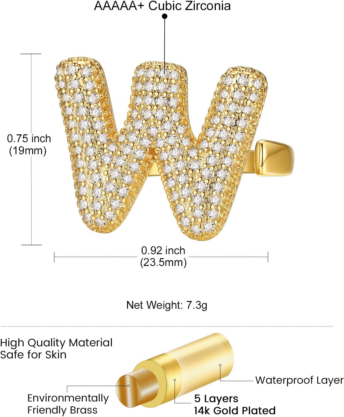 14k Chunky Gold Initial Statement Rings Details: Dimensions, Hypoallergenic, Adjustable size for 6~11