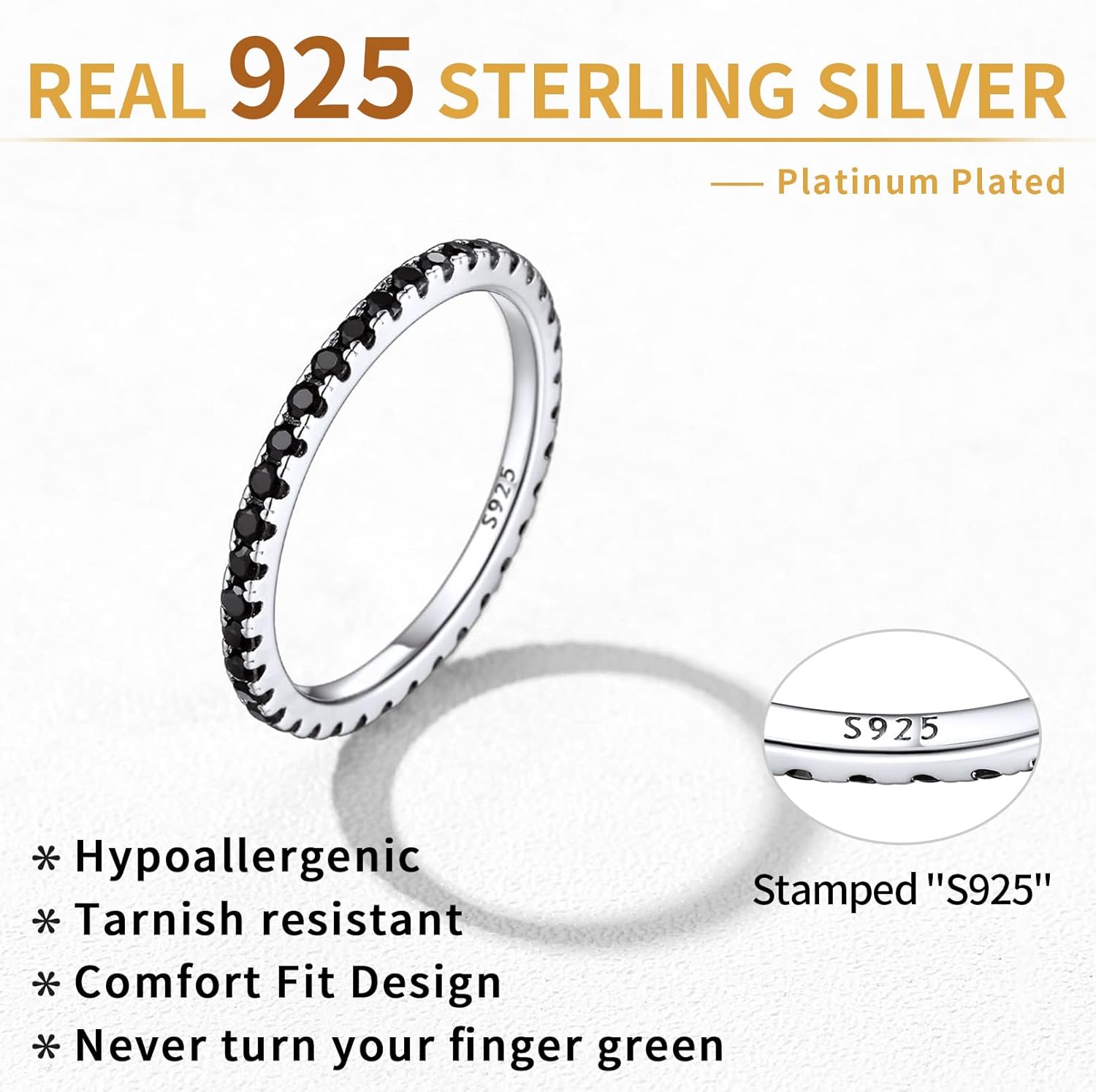 Black Cubic Zirconia Stackable Eternity Wedding Engagement Band Ring