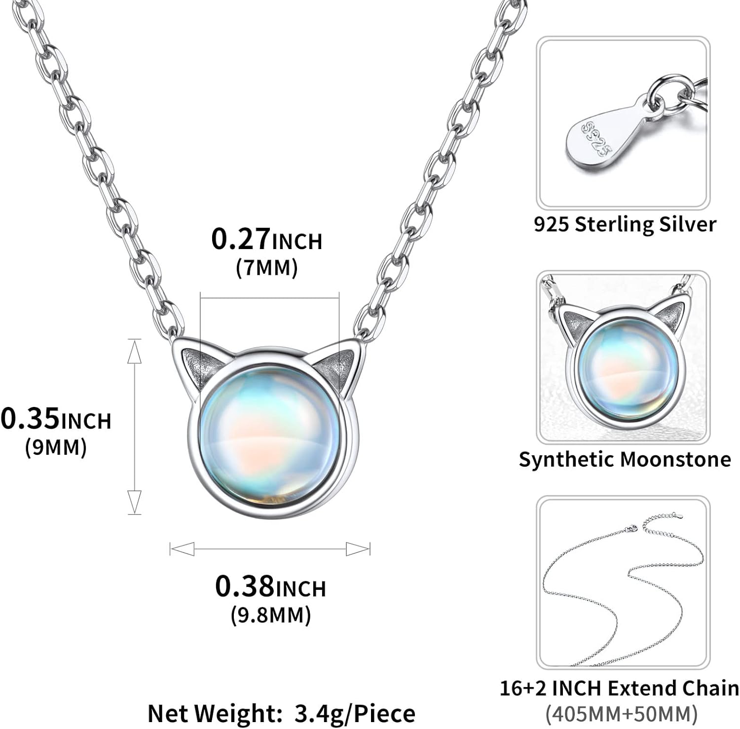 Cat Moonstone Birthstone Necklace details: Dimensions, Hypoallergenic, Lobster-Claw-Clasps