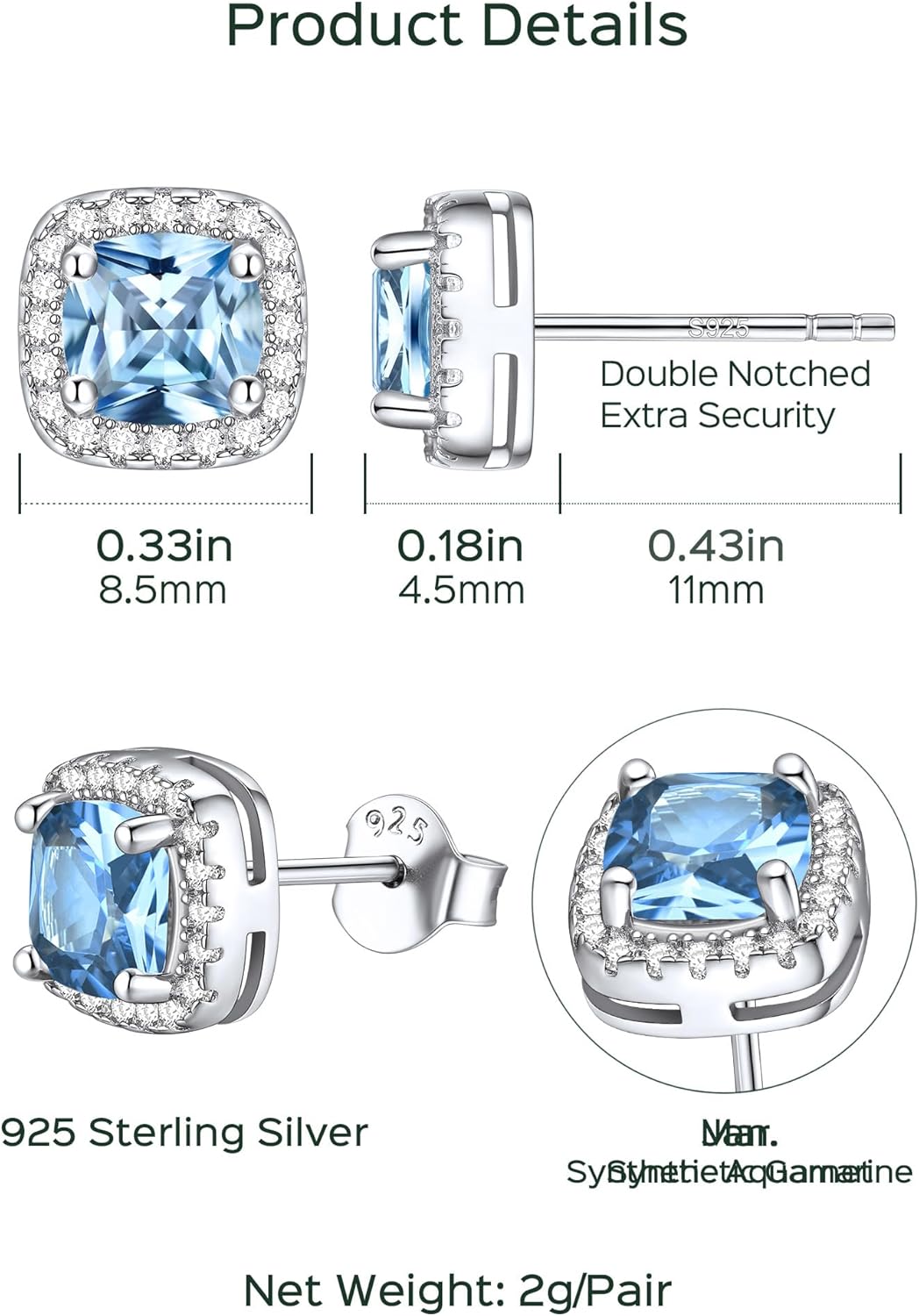 Square Sparkle Halo Birthstone Gemstone & Cubic Zirconia Stud Earrings Details: Dimensions, Hypoallergenic, Push Back Finding