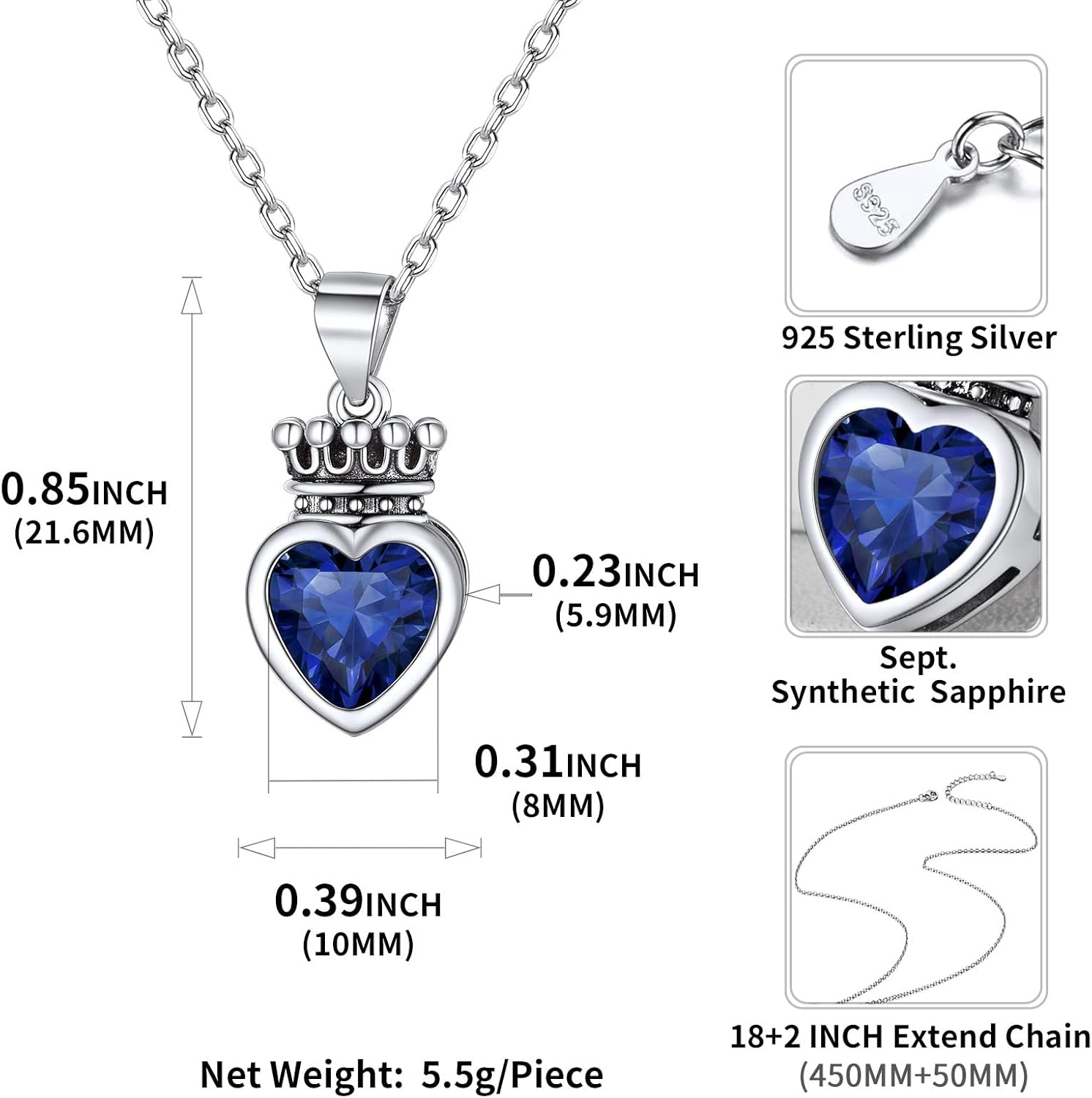 Crown & Heart Necklace Details: Dimensions, Hypoallergenic, Lobster-Claw-Clasps