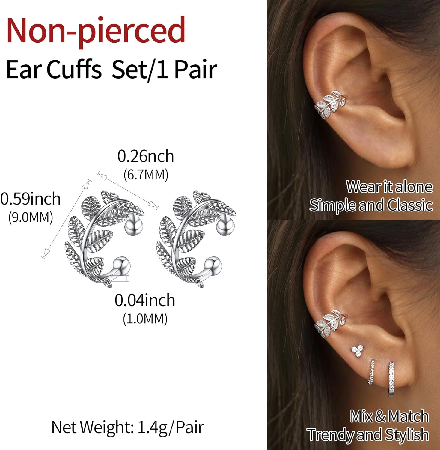 Leaf Non Piercing Clip on Cartilage Cuff Earrings