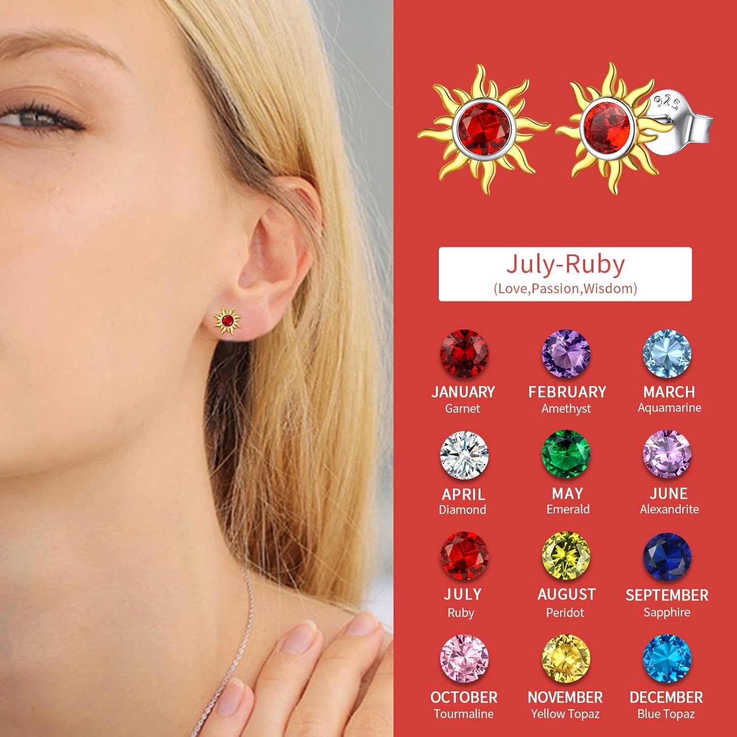 Hypoallergenic Sun Birthstone Earrings for Women, july birthstone, Ruby birthstone, Cancer Birthstone, Leo Birthstone, sterling silver jewelry, gift idea