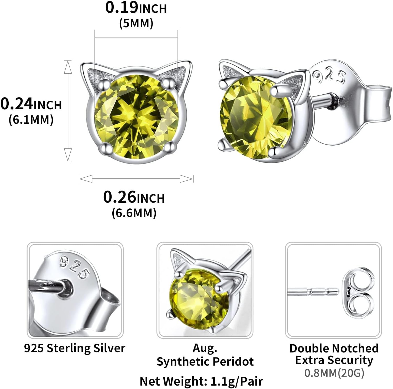 Cute Cat Diamond Birthstone Stud Earrings for women,  august birthstone, Peridot Earrings, Leo Birthstone, Virgo Birthstone, sterling silver jewelry, gift idea