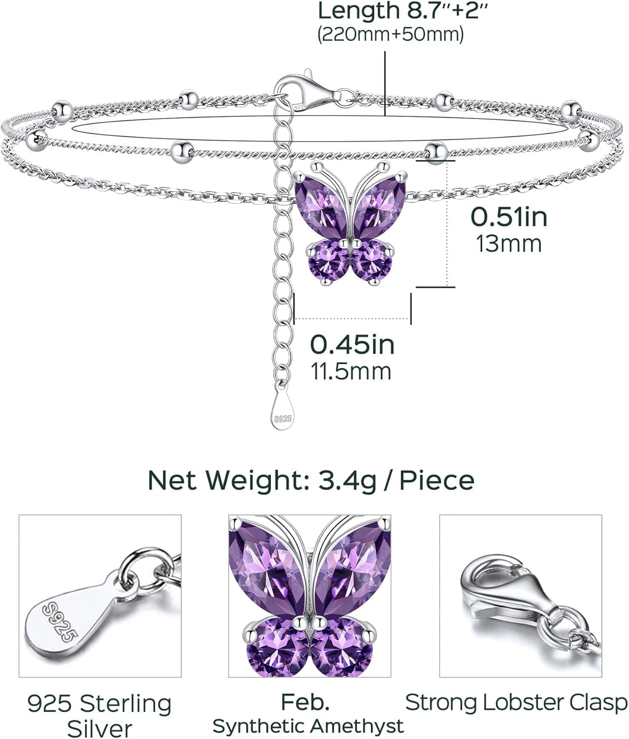 Adjustable Layered Butterfly Birthstone Anklet Details: Dimensions, Hypoallergenic, Lobster-Claw-Clasps