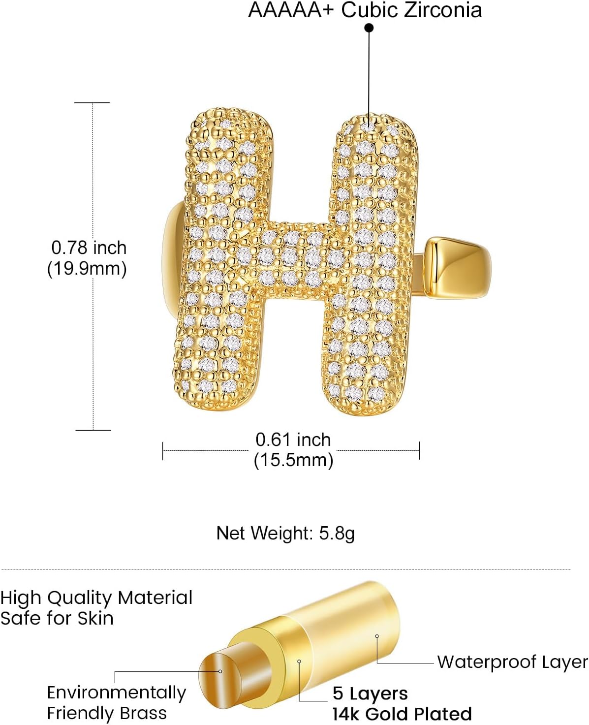 14k Chunky Gold Initial Statement Rings Details: Dimensions, Hypoallergenic, Adjustable size for 6~11