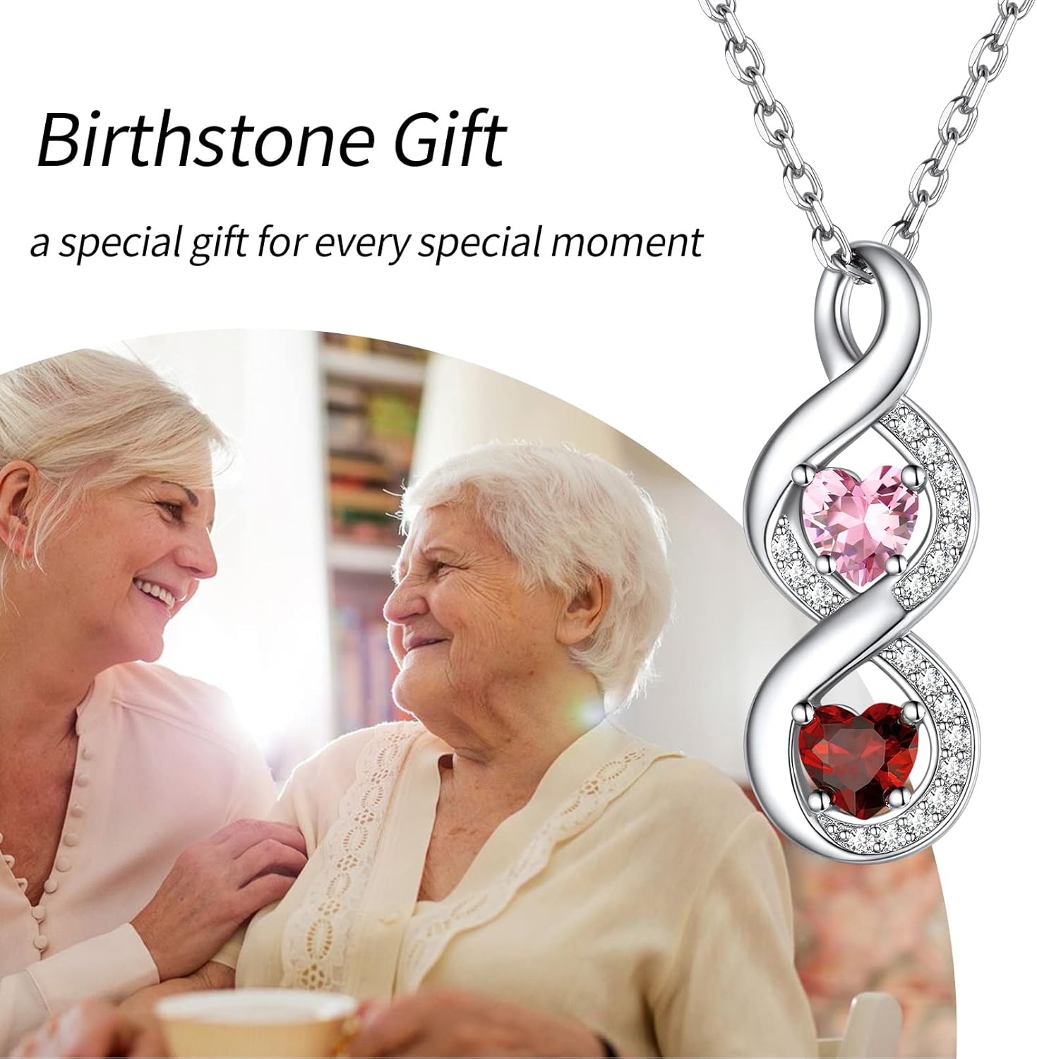 Custom Silver Name Infinity 2 Birthstone Necklace