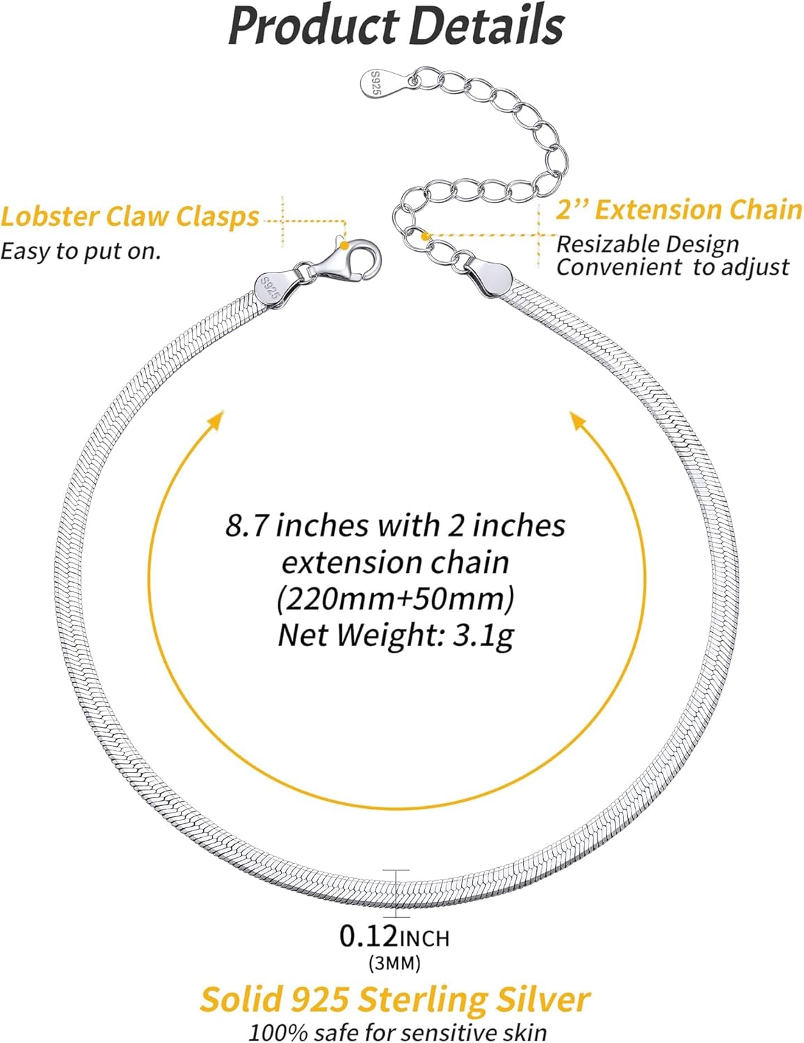 3mm wide Snake Chain Anklets Details: Dimensions, Hypoallergenic, Lobster-Claw-Clasps