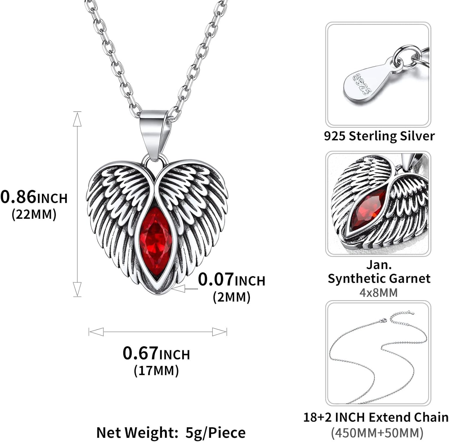 January Garnet Birthstone Angel Wings Necklace Details: Dimensions, Hypoallergenic, Lobster-Claw-Clasps