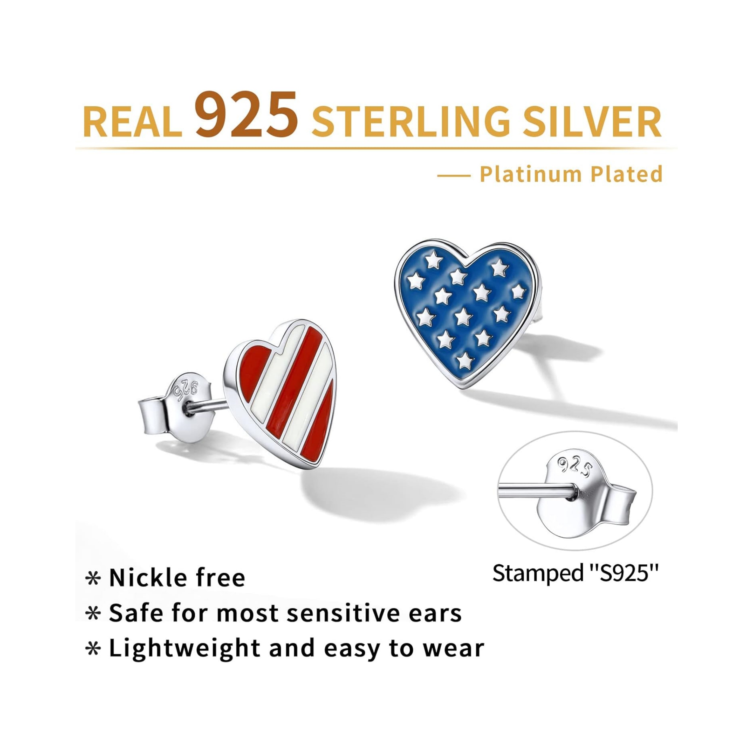 Sterling Silver American Flag Heart Patriotic Independence Stud Earrings